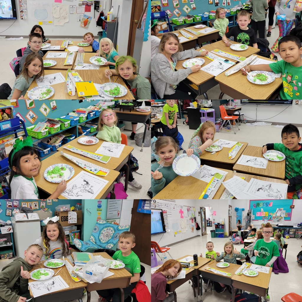 The first graders in Mrs. Smith's class enjoyed green eggs and ham on St. Patrick's Day.